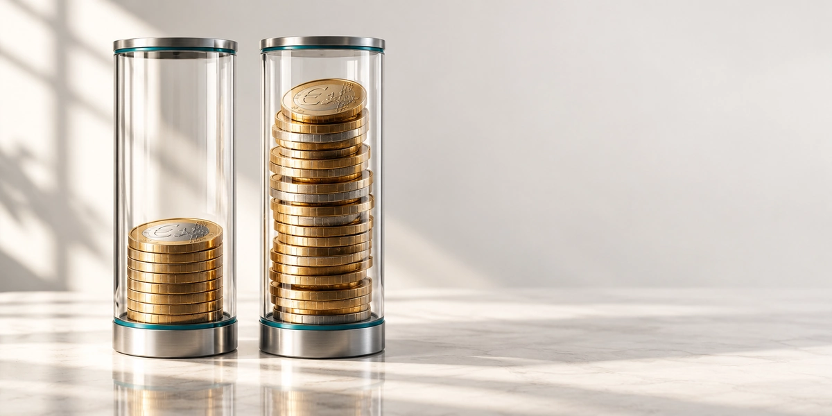 Dos cilindros de cristal con pilas de monedas de euro de distinta altura que muestran la diferencia entre interés simple y compuesto