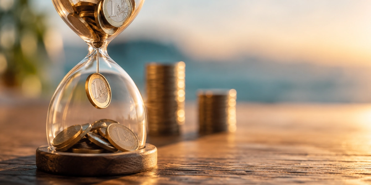 Reloj de arena con monedas de euro cayendo entre dos pilas de distinta altura, sobre reducir la cuota o el plazo al amortizar la hipoteca