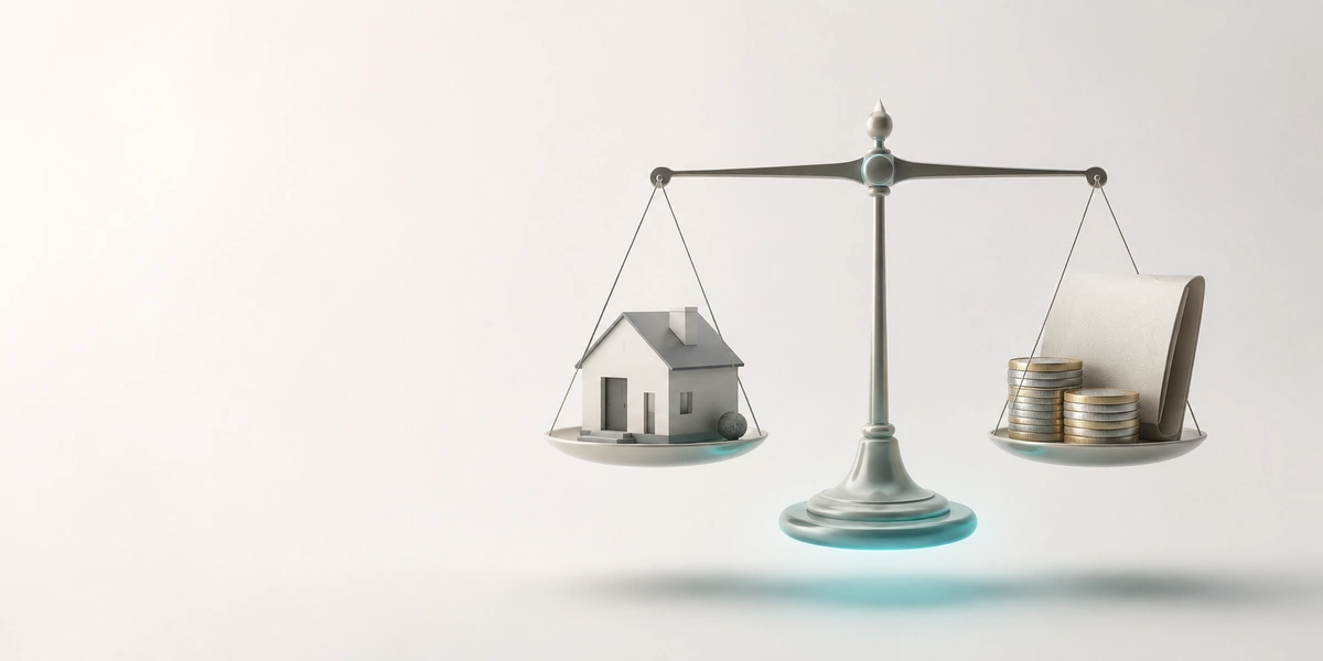 Balanza equilibrada entre una vivienda en miniatura y una pila de monedas de euro con un documento, sobre los requisitos del préstamo con garantía hipotecaria