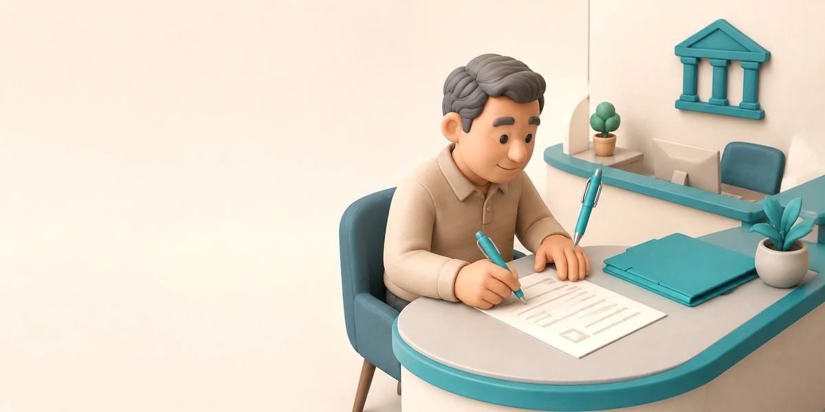Ilustración 3D de una persona firmando el formulario para rescatar su plan de pensiones en el mostrador de un banco