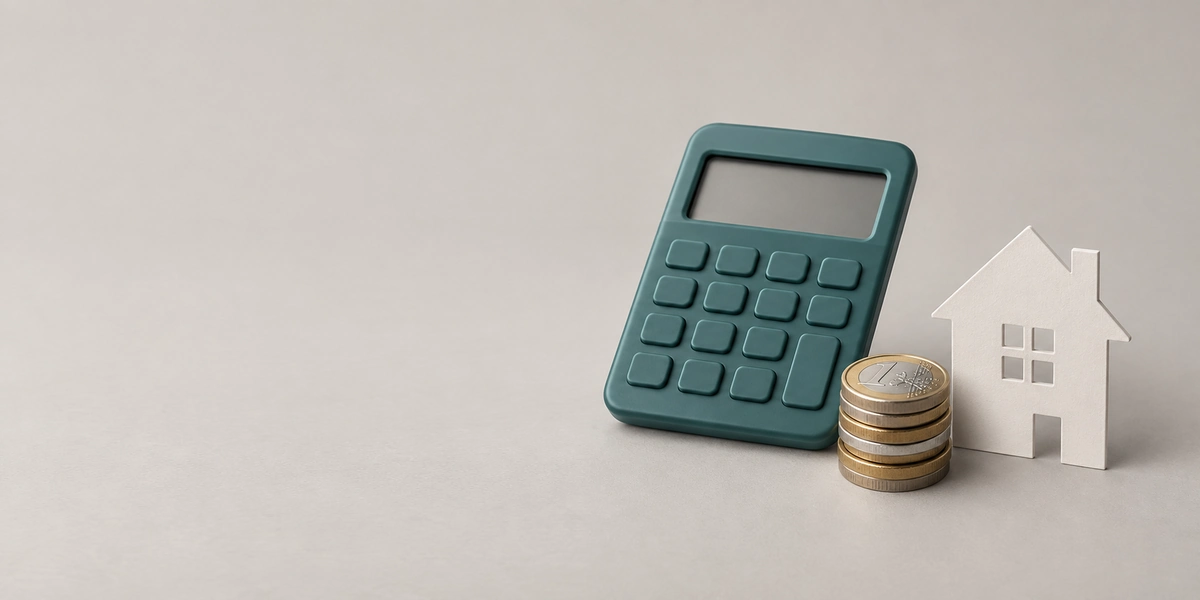 Calculadora junto a una pila de monedas de euro y una casa de papel, sobre el cálculo del efecto de una subida de tipos del BCE en la cuota de la hipoteca