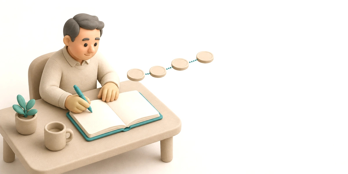 Persona en una ilustración 3D escribiendo en un cuaderno junto a monedas de euro colocadas en fila, planificando cómo repartir el rescate de su plan de pensiones
