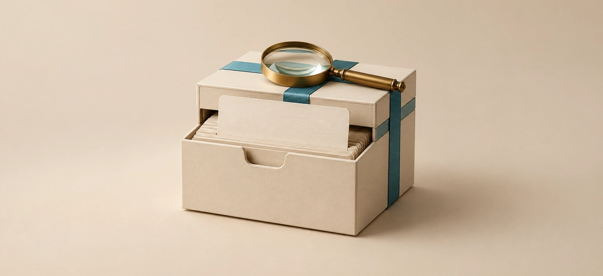 BADEXCUG: caja de fichas con lupa que simboliza el fichero de morosos de Experian