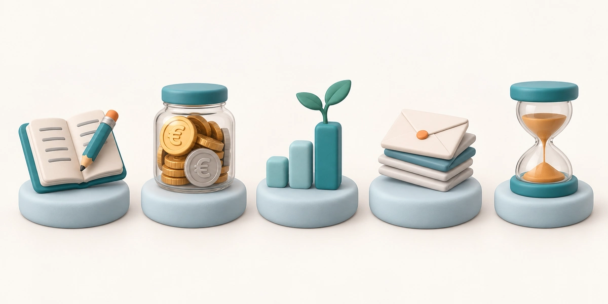 Cinco objetos en 3D sobre peanas azules (cuaderno con lápiz, tarro de monedas de euro, brote sobre barras, sobres y reloj de arena) sobre los componentes de la inteligencia financiera