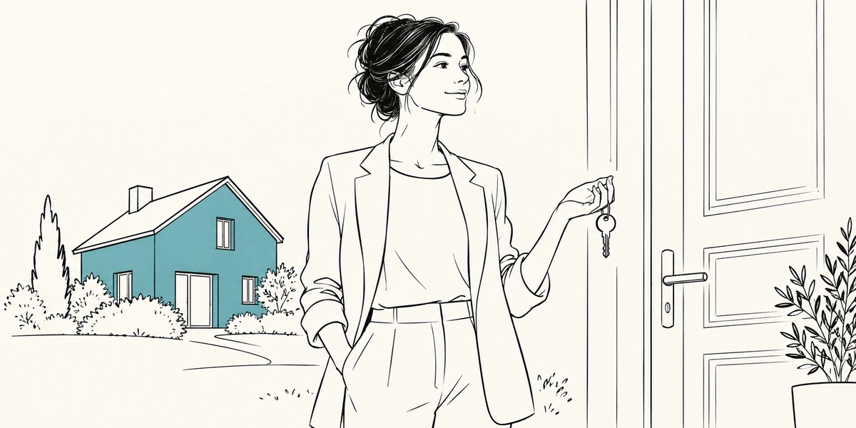Dibujo de una mujer de pie junto a una puerta con una llave en la mano y una casa de color azul al fondo, sobre entregar la casa si no puedo pagar la hipoteca