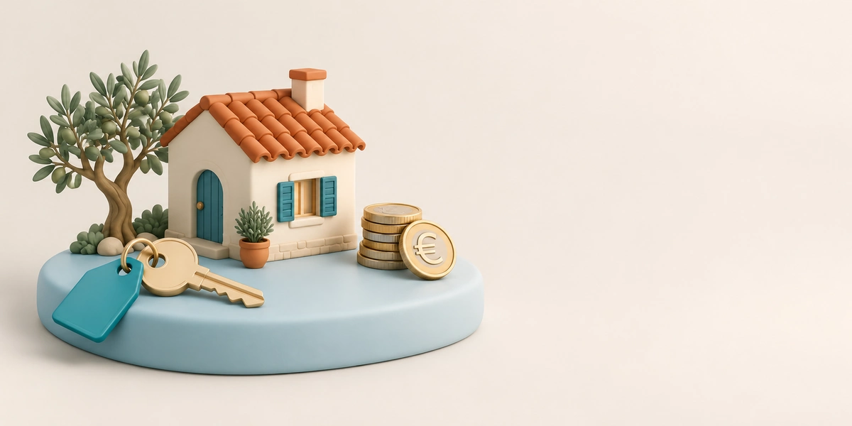 Casita de vacaciones con tejado de teja, olivo, llave con etiqueta teal y monedas de euro sobre una peana azul, para una hipoteca de segunda vivienda