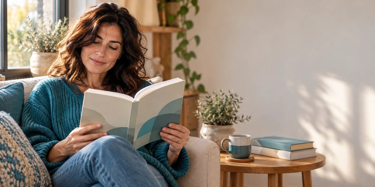 Mujer sentada en un sofá junto a la ventana leyendo un libro de finanzas personales, con otros dos libros y una taza en la mesa, sobre inteligencia financiera