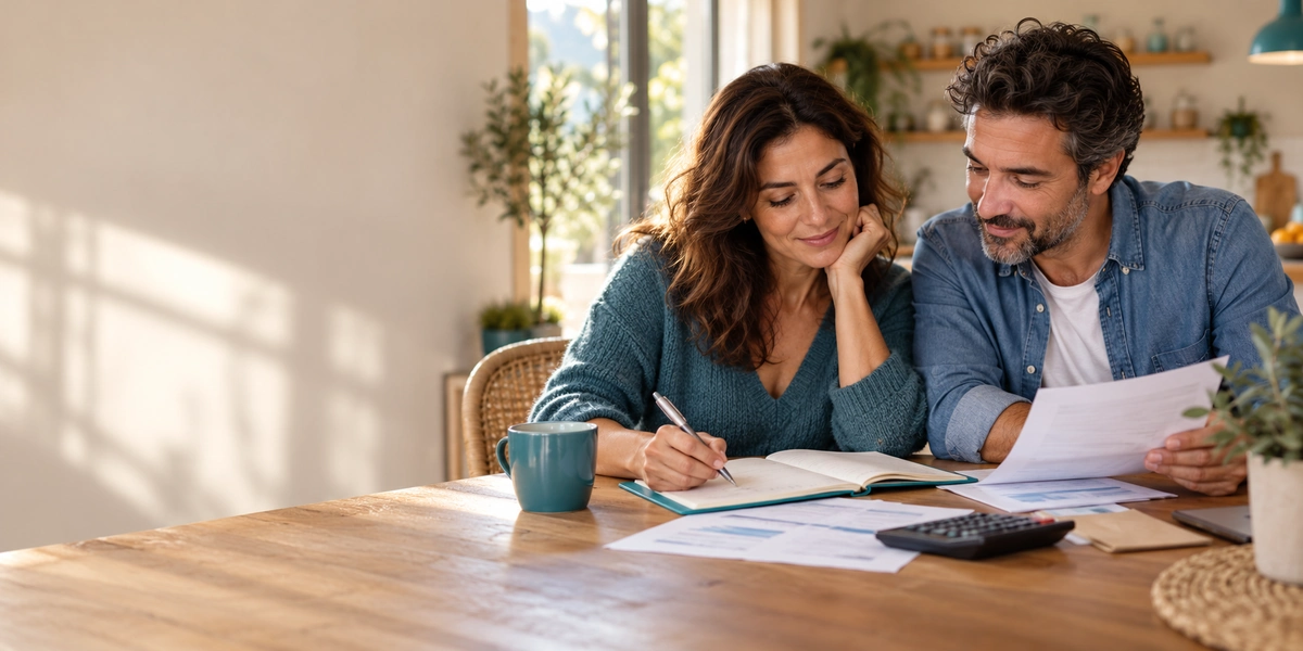 Pareja sentada a la mesa de la cocina revisando sus finanzas con un cuaderno, papeles y una calculadora para trabajar su inteligencia financiera