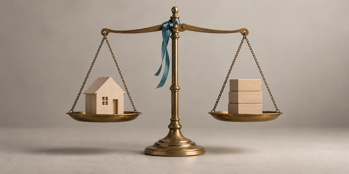 Balanza de latón en equilibrio con una casa de madera en un plato y tres bloques de madera apilados en el otro, para decidir la mejor hipoteca fija o variable