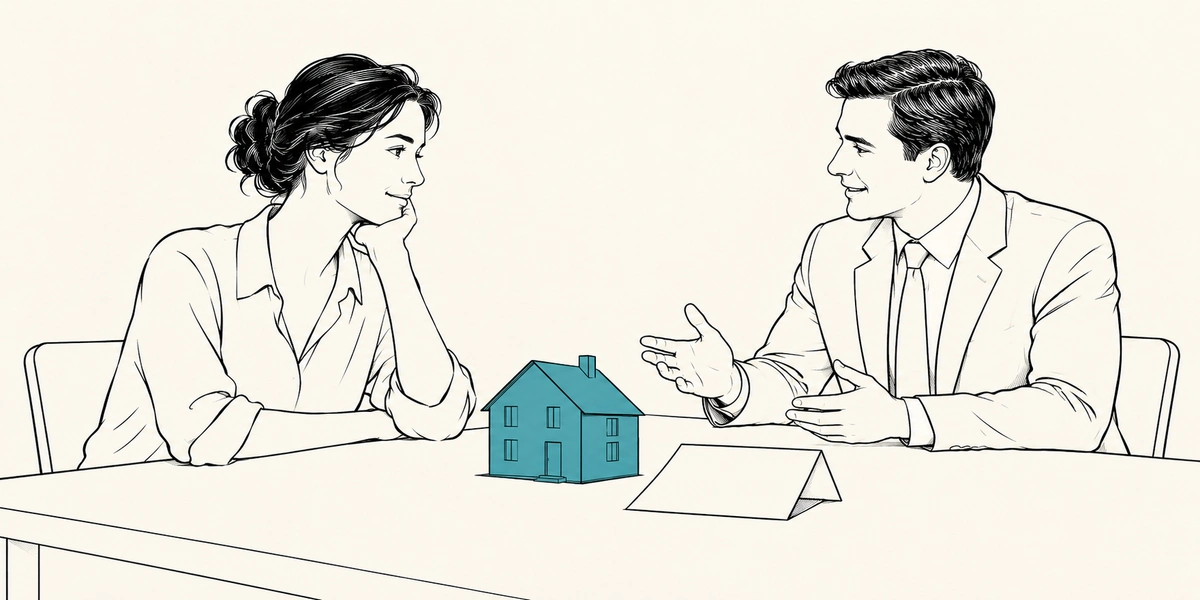 Dibujo de una mujer y un hombre con traje conversando sentados a una mesa, con una casa pequeña de color azul y un papel doblado entre ellos, sobre soluciones si no puedo pagar la hipoteca