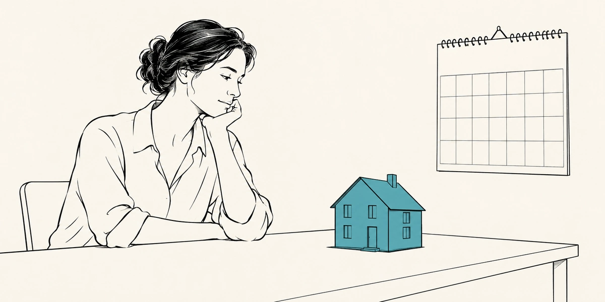 Dibujo de una mujer sentada a una mesa con la mano en la barbilla, una casa pequeña de color azul sobre la mesa y un calendario de pared, sobre qué hacer si no puedo pagar la hipoteca