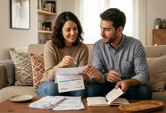 Pareja revisando finanzas familiares con acuerdos claros