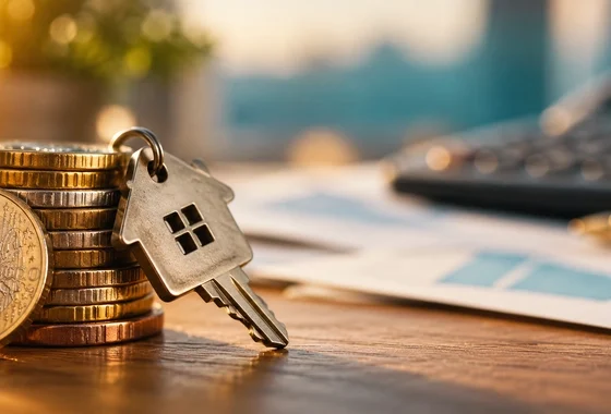 Monedas de euro y una llave de casa en detalle, para decidir si amortizar la hipoteca con el ahorro disponible