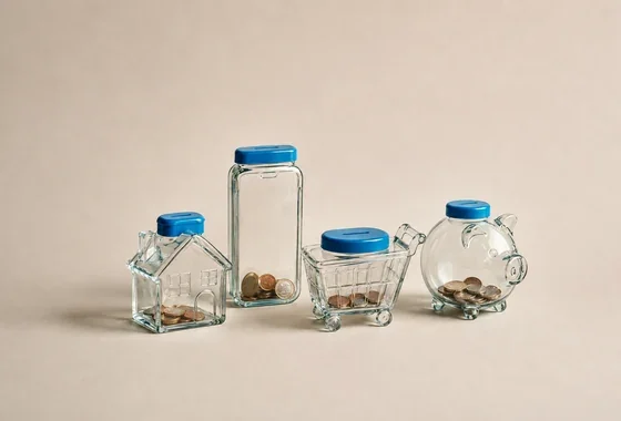 Huchas de cristal con formas de casa, bote, carrito de la compra y cerdito llenas de monedas, ideas sobre cómo ahorrar dinero