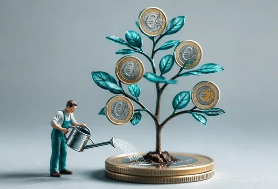 Miniatura de una persona cuidando un pequeño árbol de monedas de euro, ejemplo visual de cómo generar ingresos pasivos