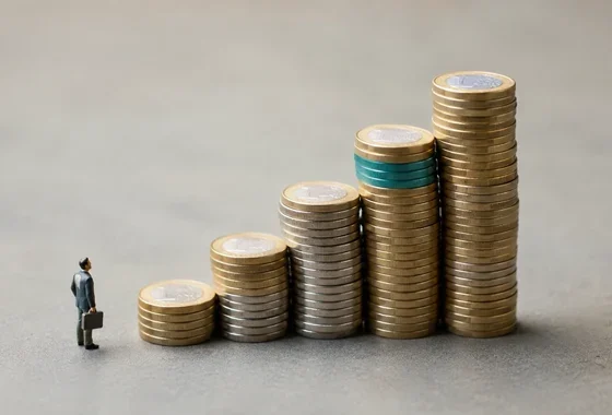 Miniatura de un autónomo observando monedas de euro apiladas en distintos tamaños, ilustrando los tramos de la cuota de autónomos 2026