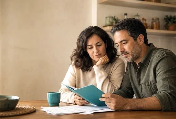 Pareja en casa leyendo con atención unos papeles antes de decidir sobre la dación en pago