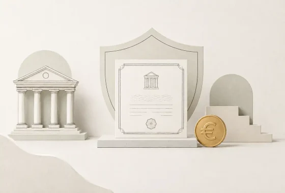 Certificado de deuda pública protegido por un escudo junto a un edificio del Tesoro y una moneda de euro simbolizando la seguridad de invertir en Letras del Tesoro