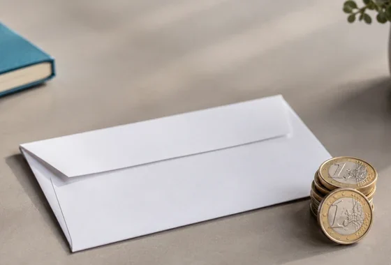 Monedas de euro junto a un sobre blanco cerrado sobre una mesa, imagen destacada sobre qué es el finiquito