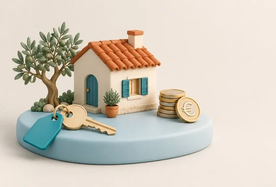 Pequeña casa mediterránea de arcilla con una llave y una pila de monedas de euro, ilustración sobre la hipoteca para una segunda vivienda