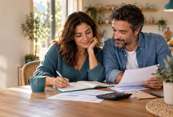 Un hombre y una mujer repasan su presupuesto en casa con una libreta, una calculadora y una taza azulada: inteligencia financiera en el día a día