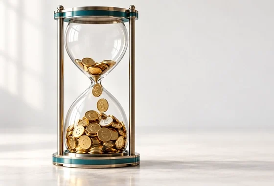 Monedas de euro que caen por un reloj de arena y se amontonan en el cristal inferior, para explicar qué es el interés compuesto