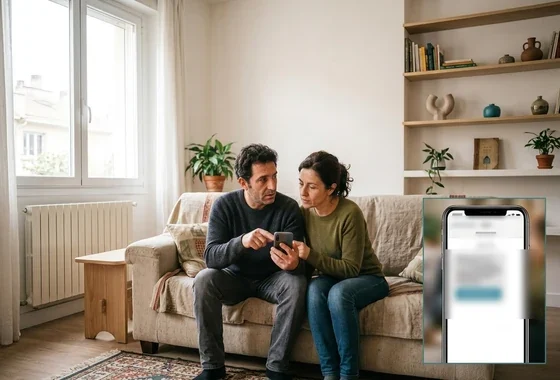 Pareja revisando en el móvil un mensaje sospechoso de phishing bancario sentada en el sofá de casa