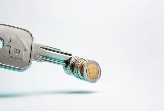 Llave metálica junto a monedas de euro representando el crédito con garantía hipotecaria