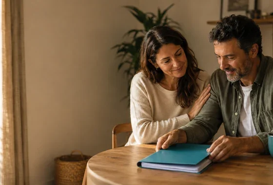 Pareja sentada a la mesa consultando una carpeta azul con la documentación de su préstamo personal
