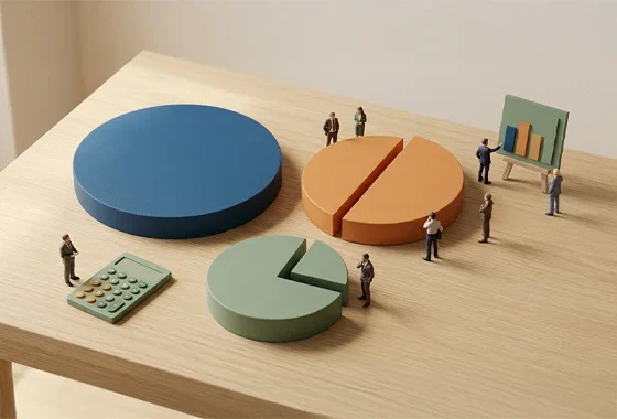 Vista aérea de figuras en miniatura analizando gráficos de tarta y una calculadora sobre una mesa de madera