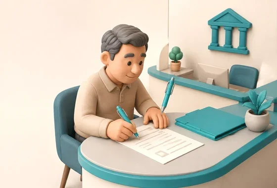 Figura 3D firmando un documento bancario para solicitar el rescate de su plan de pensiones