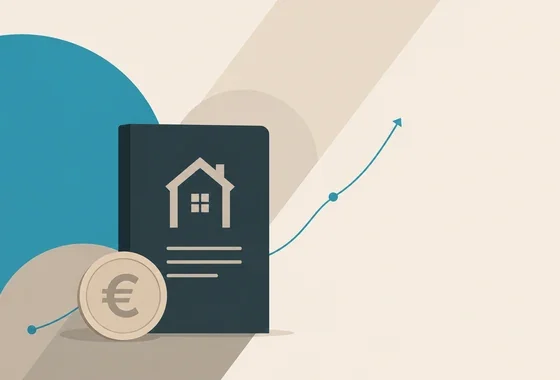 Libro de contrato hipotecario con moneda de euro y línea de gráfico en subida, ilustración sobre la revisión de la hipoteca euríbor