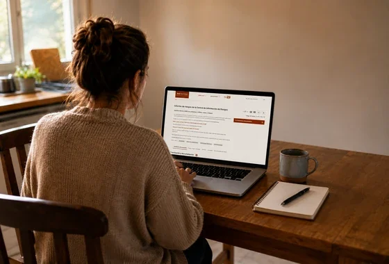 Mujer revisando desde su portátil el informe CIRBE con riesgo disponible a 0 en la Sede Electrónica del Banco de España