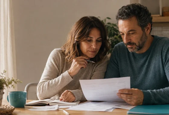 Pareja en su cocina organizando papeles y facturas para superar la ansiedad financiera