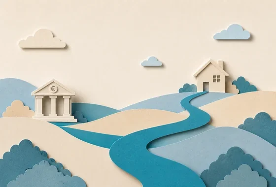 Sendero que une un banco con una vivienda, ilustración sobre la subrogación hipotecaria