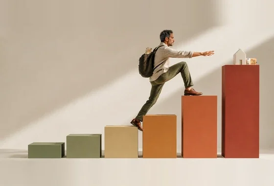 Hombre subiendo escalones de colores hacia una casa con billetes, ilustrando el esfuerzo económico necesario para acceder, por ejemplo, a una vivienda