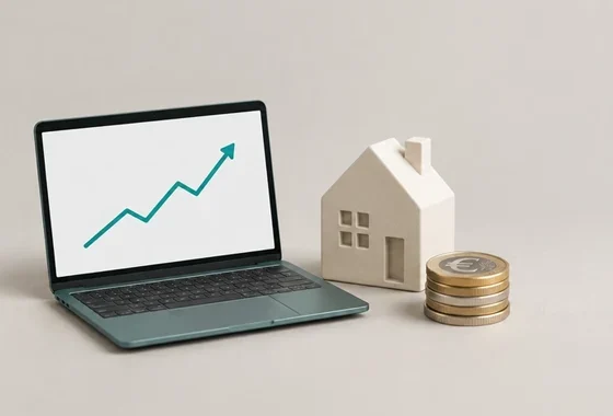 Casa en miniatura y monedas de euro junto a un portátil con un gráfico en subida, símbolo de la relación entre los tipos de interés del BCE y la hipoteca